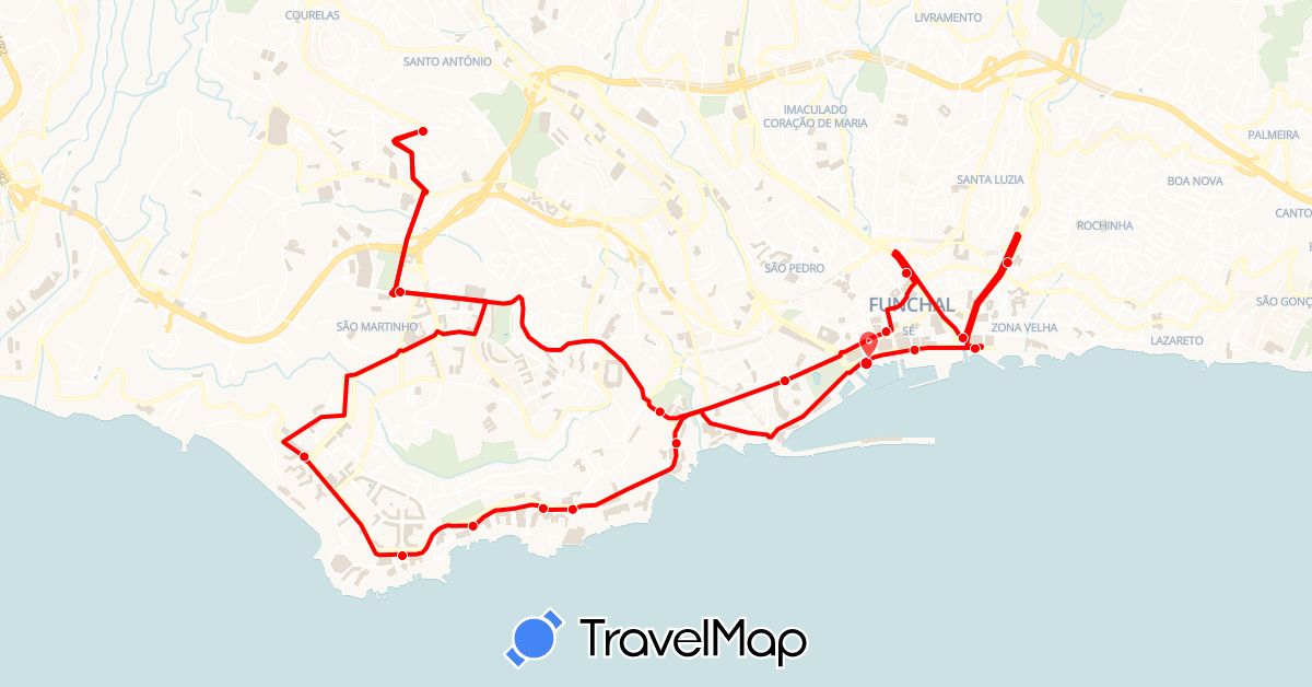 TravelMap itinerary: driving, hop on hop off - red line in Portugal (Europe)